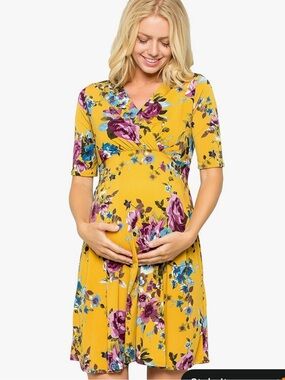 Women’s Yellow Floral Maternity Wrap Dress